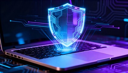 Cyber shield hologram floating above laptop keyboard, futuristic data protection technology