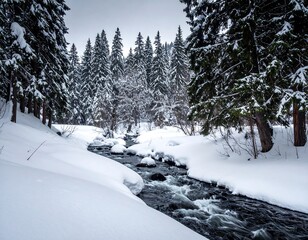 Snowy mountain stream