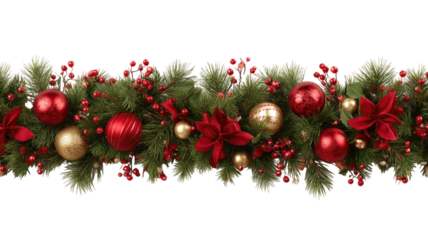 Vertical arrangement of red christmas balls with garland of pine branches festive holiday decoration for seasonal celebration isolated on white background