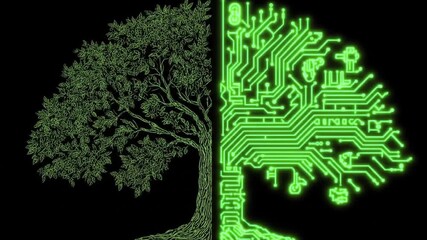 Digital circuitry and natural tree illustration on black background - Powered by Adobe
