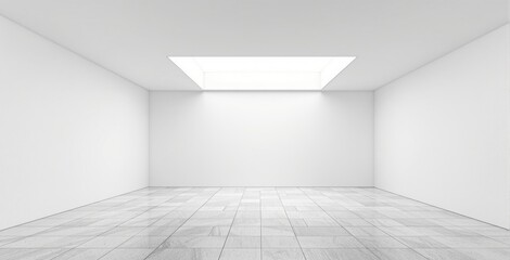 Minimalist empty interior space with tiled floor, white walls, and a central ceiling light, perfect for poster mockup or design presentation concept.. Ai generative