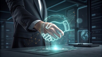 Digital Handshake: Business Agreement in Technology and Global Network, Data Center Background                                                        