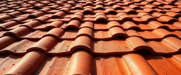 Rustic rosemary red clay roof tiles, textured surface, sunlight,  red clay,  vibrant
