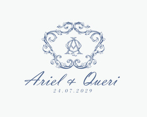 Wedding logo monogram crest vector design royal style blue color illustration monogram crest