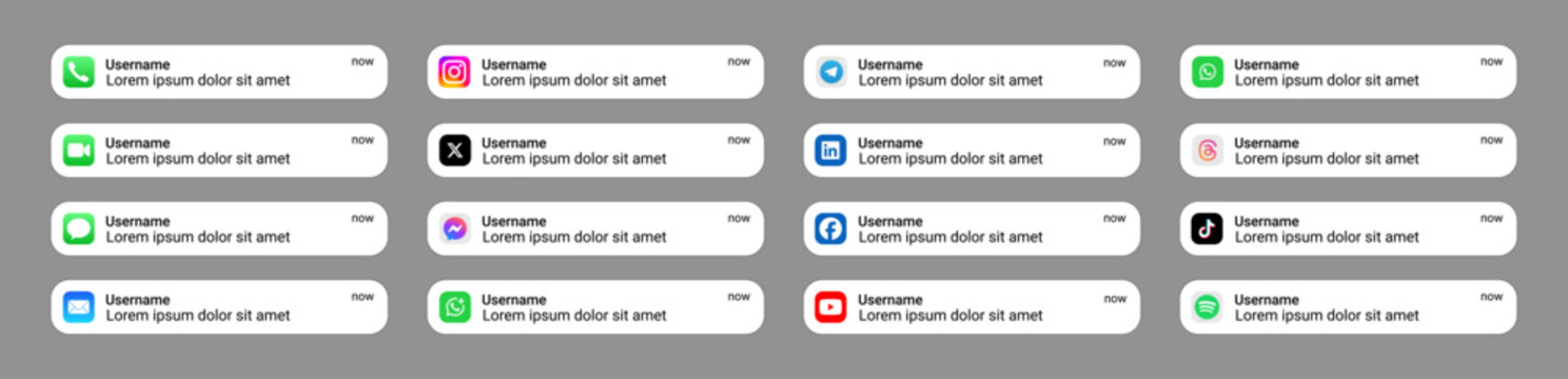 iOS notification banners with Instagram Facebook Twitter TikTok YouTube WhatsApp Telegram LinkedIn Messenger Spotify Email Call popups social media alerts
