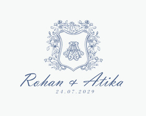Wedding logo monogram crest vector design royal style blue color illustration monogram crest