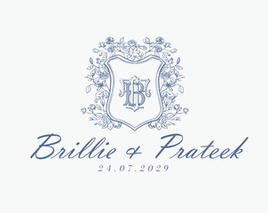 Wedding logo monogram crest vector design royal style blue color illustration monogram crest