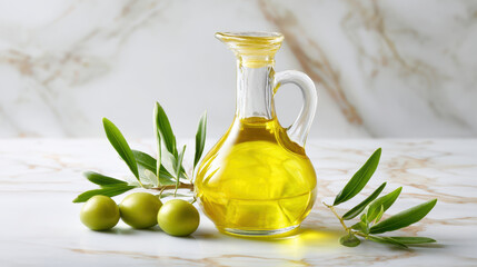 Olive oil glass bottle with fresh green olives and leaves marble surface, bright natural light, healthy cooking ingredient