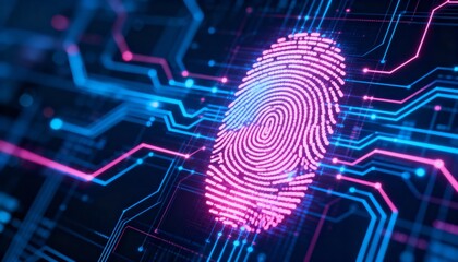 Digital fingerprint hologram with neon cyber network connections, biometric authentication concept
