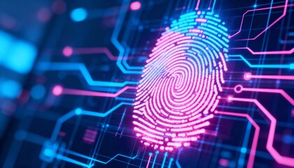 Digital fingerprint hologram with neon cyber network connections, biometric authentication concept