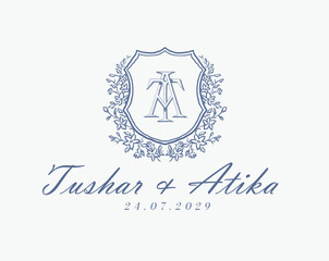 Wedding logo monogram crest vector design royal style blue color illustration monogram crest