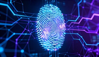 Digital fingerprint hologram with neon cyber network connections, biometric authentication concept