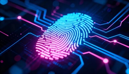 Digital fingerprint hologram with neon cyber network connections, biometric authentication concept