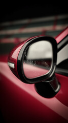 Fototapeta premium Close up of red car side mirror with reflection of blurred background, detail shot of automotive design element suitable for mockup and copy space usage.