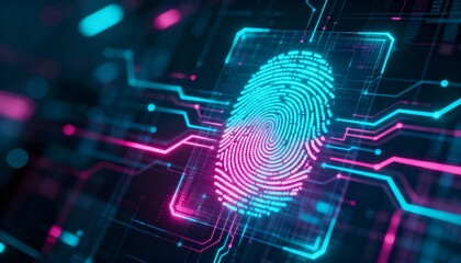 Digital fingerprint hologram with neon cyber network connections, biometric authentication concept