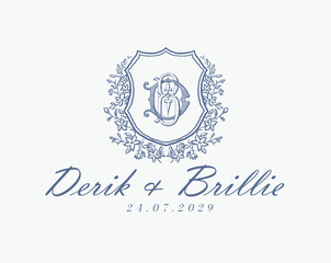 Wedding logo monogram crest vector design royal style blue color illustration monogram crest