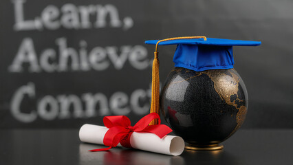 Celebrating educational achievements with a globe, diploma, and graduation cap