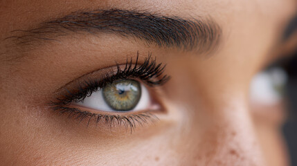 Obraz premium Close up of green eye with long eyelashes and natural eyebrow on smooth skin
