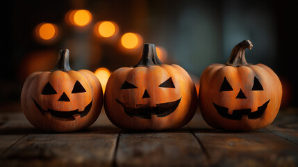 Obraz premium Halloween pumpkins carved jack o lanterns on wood for spooky season holiday decoration
