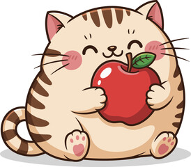 Cartoon chubby cat holding red apple, cute beige feline with brown stripes, happy expression and rosy cheeks, flat vector illustration