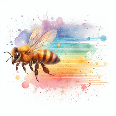 Colorful Watercolor Painting of Flying Bee