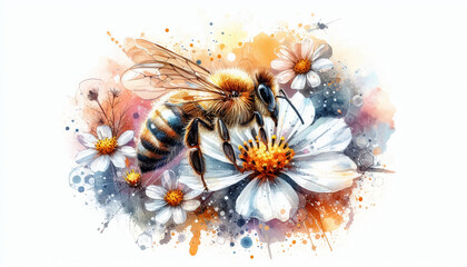 Watercolor Art of Bee Collecting Nectar from Dandelions