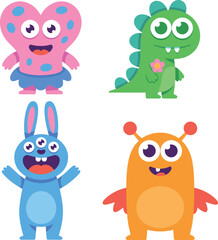 Cartoon colorful monsters with cute expressions, fantasy creatures for kids, playful character design for Halloween or education, flat vector illustration
