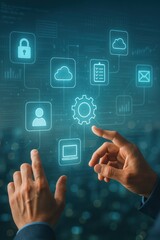 Digital Technology Interface with Icons Depicting Data Protection, Cloud Storage, and Services