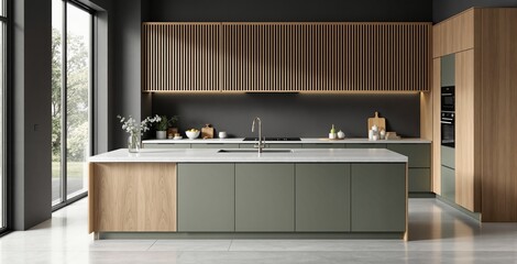 Modern minimalist kitchen interior with olive green cabinets, wood accents, and large windows in natural daylight concept design space.. Ai generative