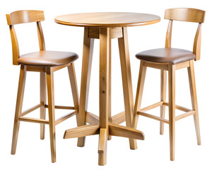 Wooden bar table with two high chairs, perfect for a cafe or home bar, isolated on transparent background
