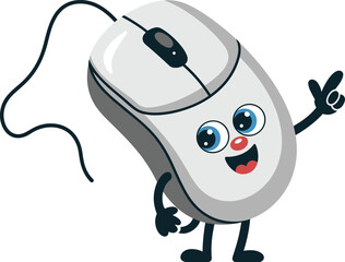 Cartoon computer mouse character pointing finger, funny tech mascot with cord, smiling digital device icon, flat vector illustration, isolated design