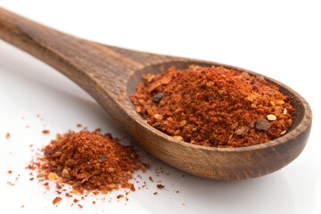 Wooden spoon filled with red chili flakes and scattered on white Keywords: 