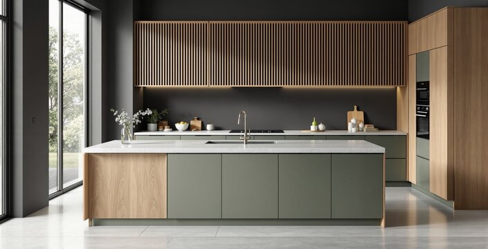 Fototapeta Modern minimalist kitchen interior with olive green cabinets, wood accents, and large windows in natural daylight concept design space.. Ai generative