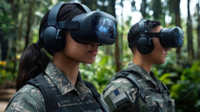 Advanced VR training simulation Individuals in a forest setting utilize virtual reality headsets for immersive, cutting-edge skill development and readiness preparation