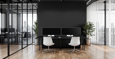Modern office interior with two desks, dual monitors, and minimalist decor featuring glass partitions and wood flooring in a high-rise workspace concept. Ai generative