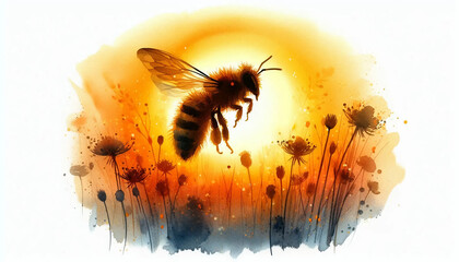Artistic Silhouette of Honey Bee with Wildflowers