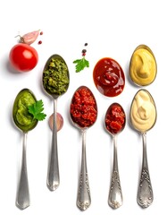 Assorted sauces in spoons, top view