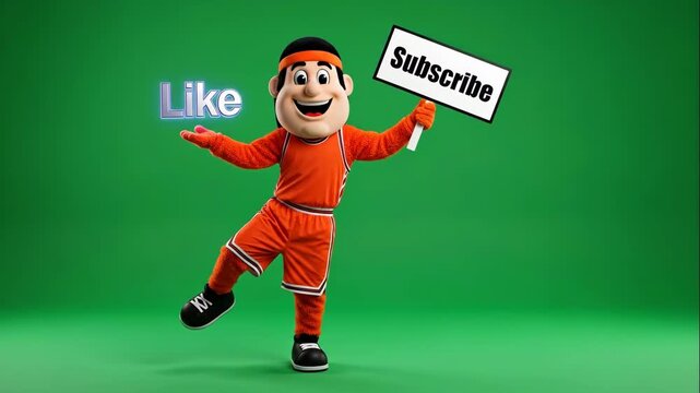 Mascot Asking for Likes and Subscriptions - This video features a mascot in an orange athletic uniform holding a "Subscribe" sign and gesturing towards a glowing "Like" text.