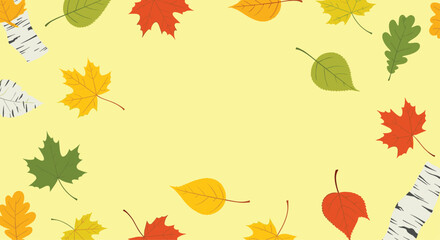 A cozy frame of colorful autumn leaves and birch bark textures.