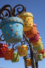 Vibrant, colorful flower pots, adorned with polka dots, hang from an ornate metal bracket against a clear blue sky.