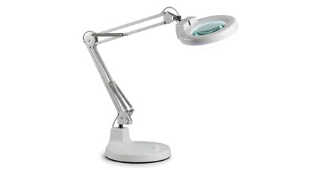 Professional adjustable magnifying desk lamp with LED light isolated on white background for detail work