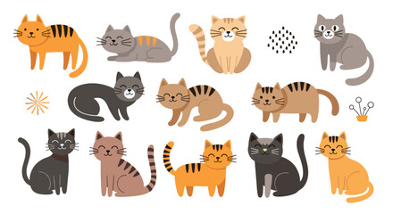 A collection of cute cartoon cats in various poses and colors.