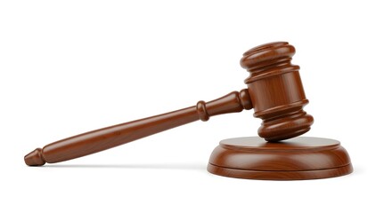 Classic wooden auction or court gavel symbolizing justice and authority isolated on white background.