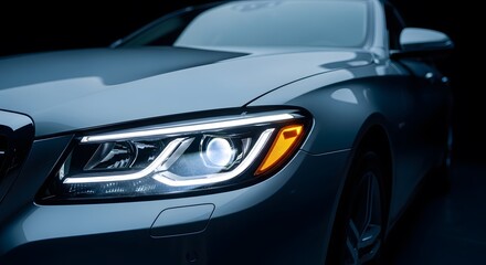 Close up of a modern luxury car headlight with led daytime running lights illuminated, showcasing automotive design and technology in a dark studio setting