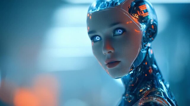 Futuristic female android with glowing blue eyes and a polished metallic exoskeleton in a sci-fi setting.