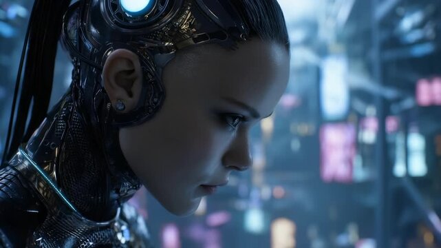 Close-up of a female cyborg with metallic implants on her head, gazing downward in a neon-lit futuristic city.