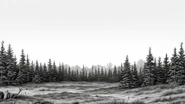 Serene winter forest engraving featuring snow covered pine trees and peaceful atmosphere - Powered by Adobe