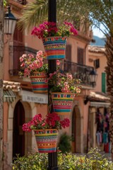 Colorful flower pots with vibrant blooms adorn a street lamp post in a picturesque town setting.