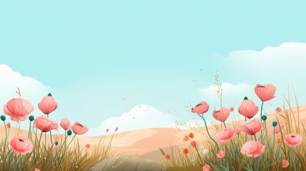 Engraving of a serene summer field with blooming flowers for seasonal design inspiration