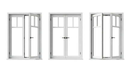 Three white french casement windows open and closed for modern home design